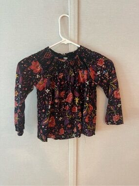 Old Navy Black Long Sleeve Floral Smocked Top with Pink and Purple Flowers